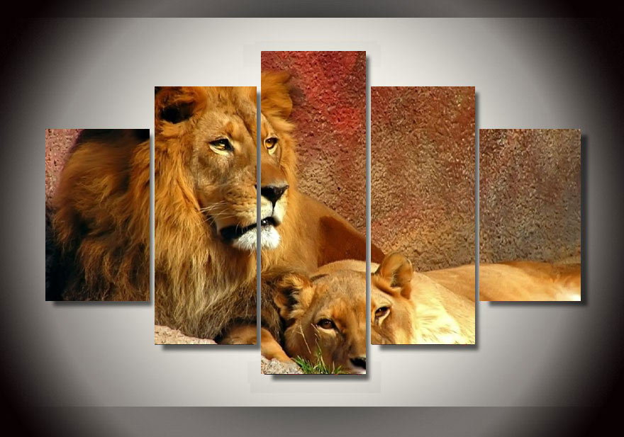 880x617 Original Oil Ink 5 Panels Print Lion Hulk Painting On Canvas Wall - Lion And Lioness Painting