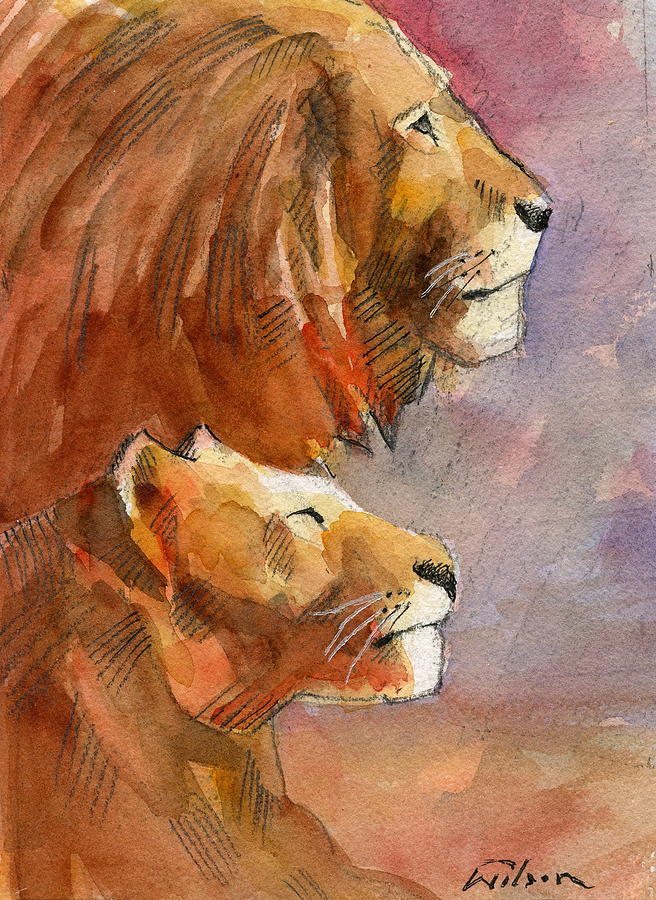 656x900 Lion, Lioness Painting By Ron Wilson - Lion And Lioness Painting