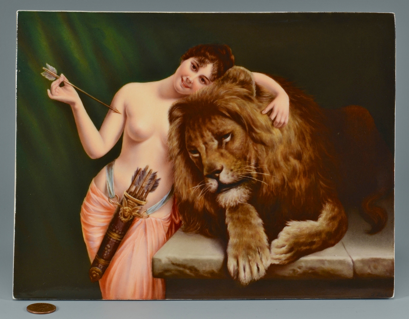1385x1080 Lot 59 Porcelain Plaque, Woman W Lion - Lion And Woman Painting