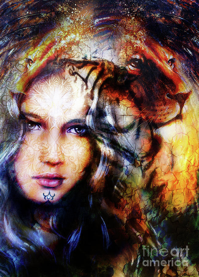 648x900 Painting Mighty Lion Head On Ornamental Background And Mystic - Lion And Woman Painting