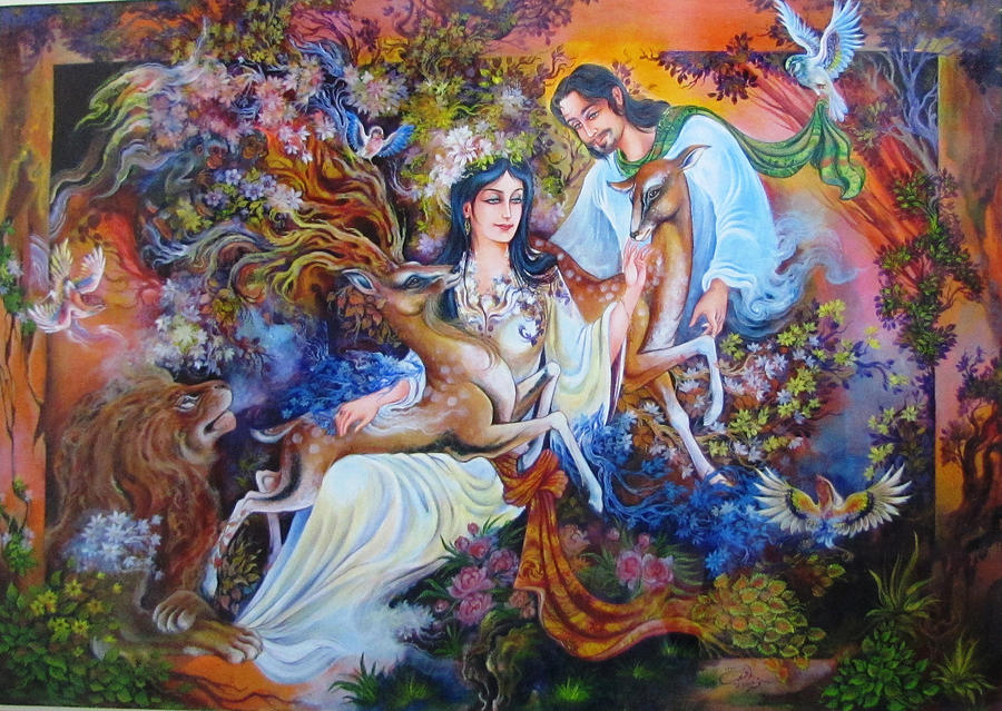 900x639 Spiritual Love Man And Woman With Deer And Lion And Birds - Lion And Woman Painting