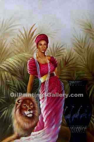 320x480 Woman With Lion (Painting Id Cl 3407 Ka) - Lion And Woman Painting