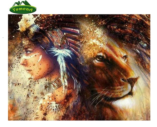 640x520 Yumeart Diy 5d Diamond Painting Cross Stitch Lion Full Drill - Lion And Woman Painting