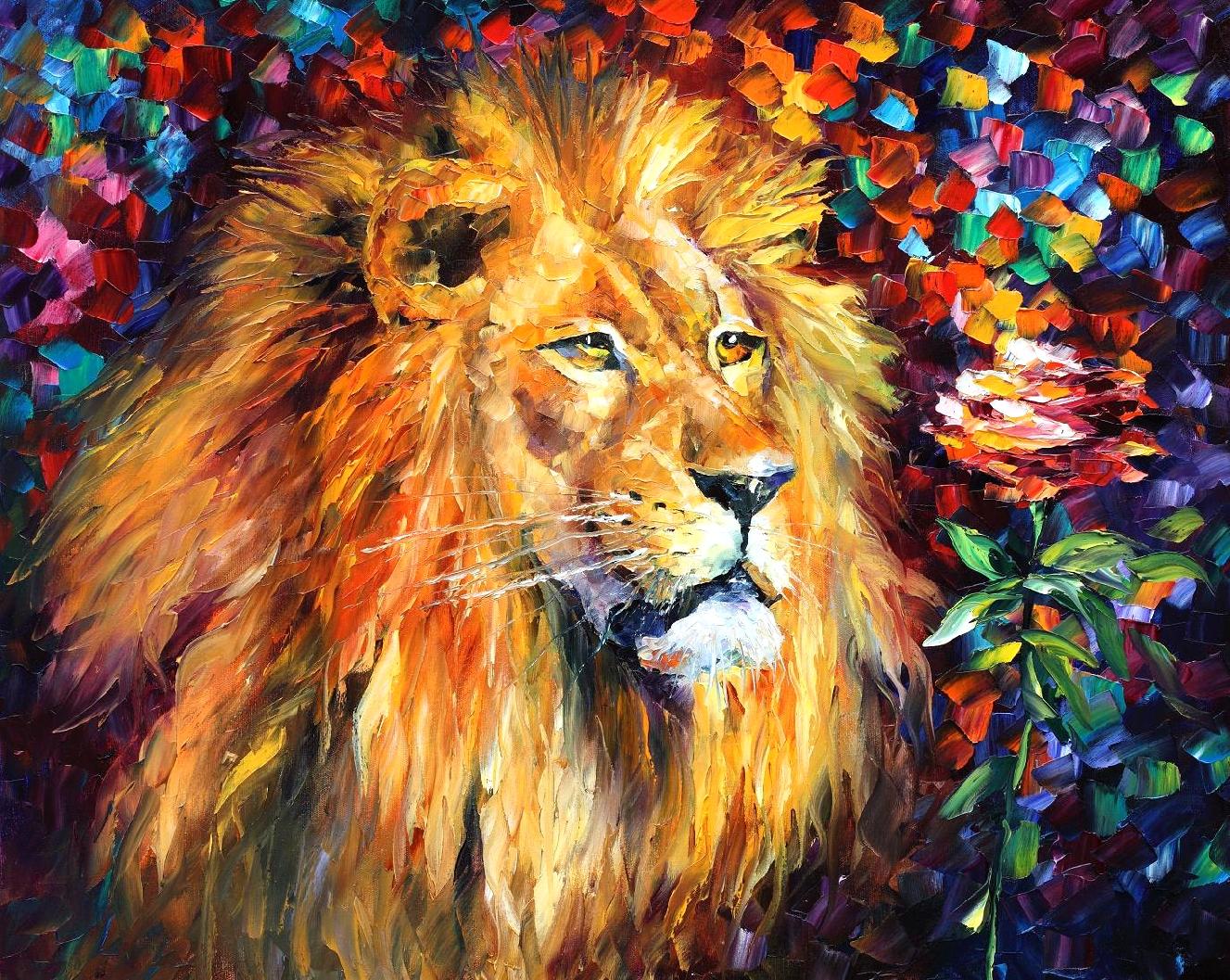 1327x1057 Lion Palette Knife Oil Painting On Canvas By Leonid Afremov - Lion Canvas Painting