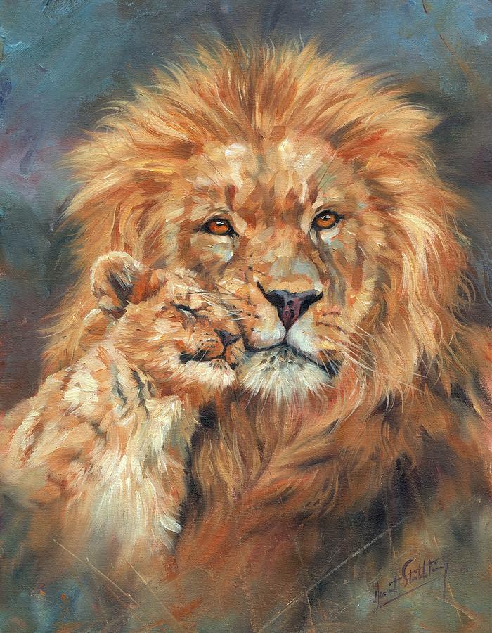 700x900 Lion Love Painting By David Stribbling - Lion Cub Painting