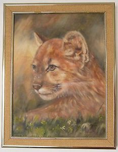 233x300 Vintage Acrylic Lion Cub Painting ~ Original Framed Art ~ Signed - Lion Cub Painting