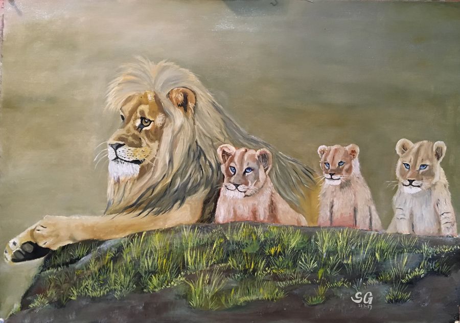 900x632 Lion Family Painting By Artist Subhash Gijare - Lion Family Painting