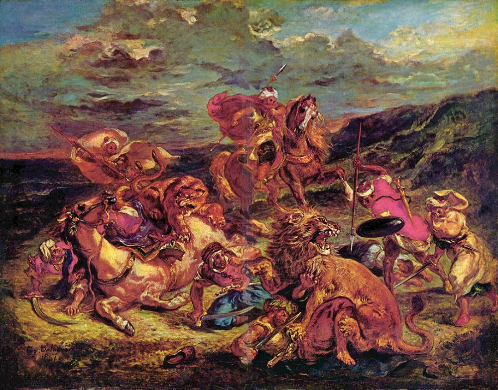 1000x784 Lion Hunt By Eugene Delacroix - Lion Hunt Painting