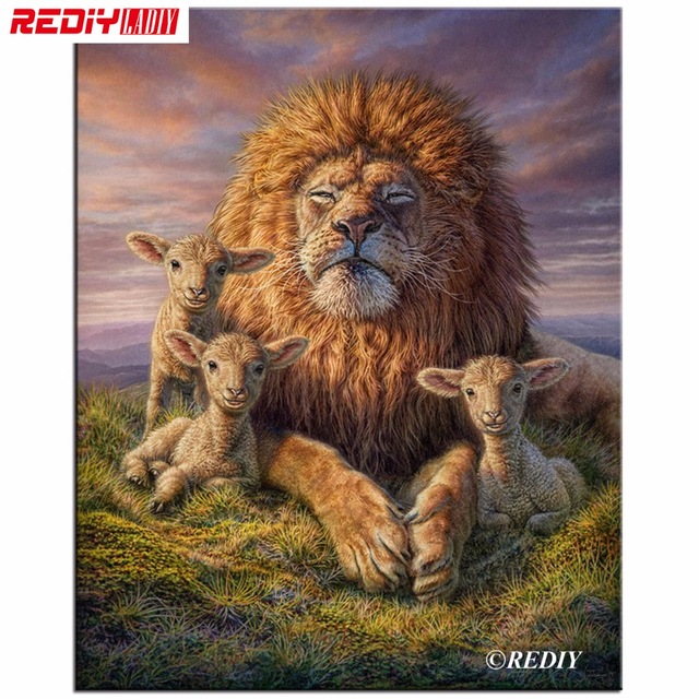 640x640 Diy 5d Diamond Painting Cross Stitch Lion With Lamb Canvas Oil - Lion Lamb Painting