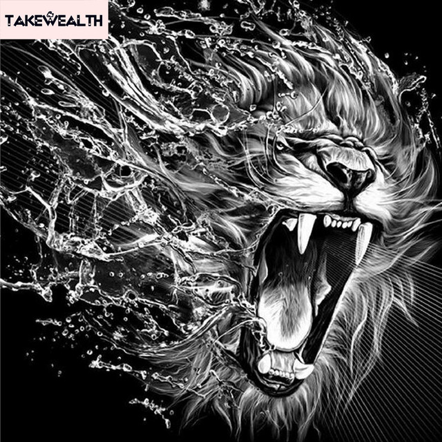 640x640 Diy 5d Diamond Painting Cross Stitch Full Diamond Embroidery Tiger - Lion Painting Black And White