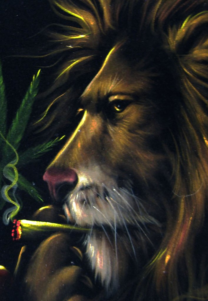 707x1024 Bob Marley And Lion Smoking, Original Oil Painting On Black Velvet - Lion Painting Images