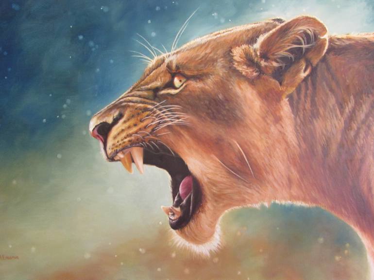 770x578 Saatchi Art Lioness Roaring Painting By Marie Erasmus - Lion Roaring Painting
