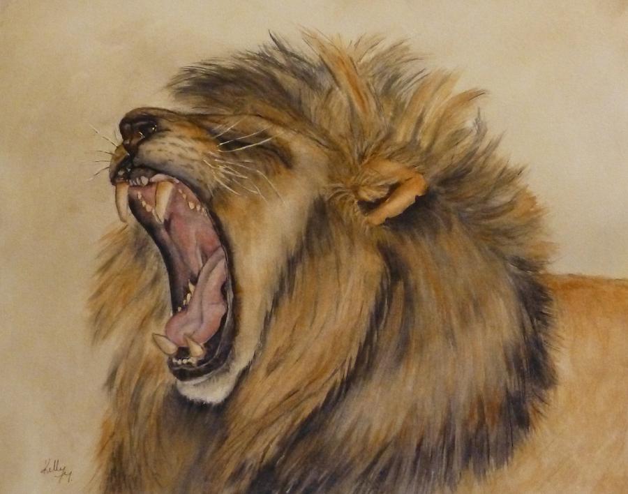 900x708 The Majestic Roar Painting By Kelly Mills - Lion Roaring Painting