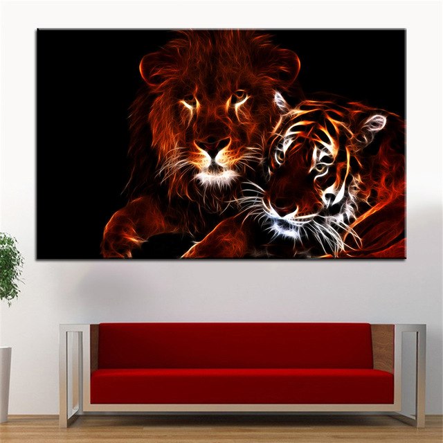 640x640 Large Size Printing Oil Painting Glowing Lion And Tiger Wall - Lion Wall Painting
