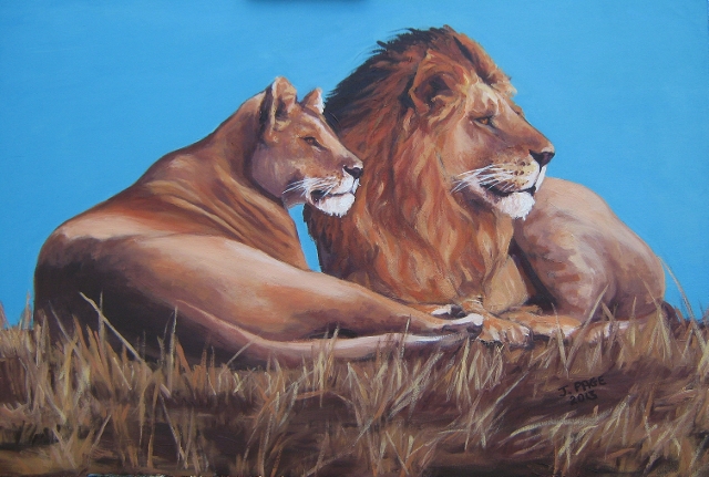 640x431 Janet Page Artwork Lioe And Lioness Resting Original Painting - Lioness Painting