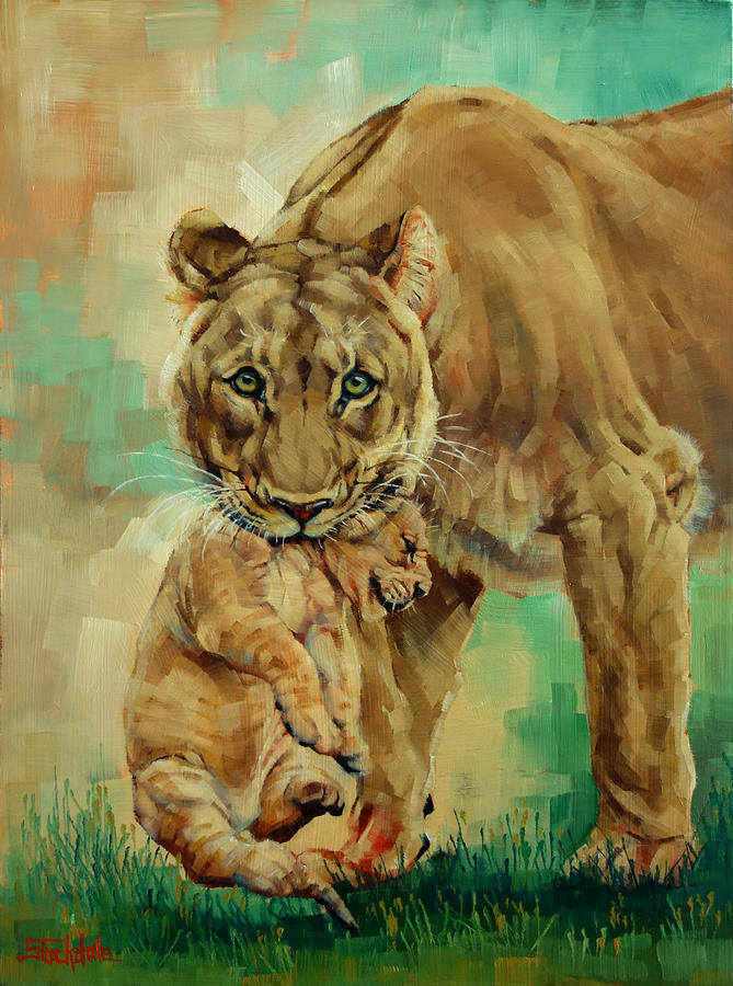 669x900 Lioness And Cub Painting By Margaret Stockdale - Lioness Painting
