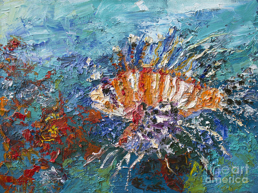 900x675 Lion Fish Red Coral Oil Painting Painting By Ginette Callaway - Lionfish Painting