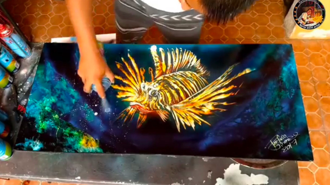 1280x720 Lion Fish Spray Paint Art - Lionfish Painting