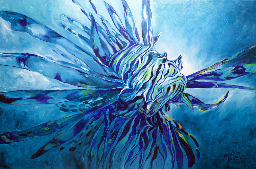 900x595 Lionfish Abstract Blue Painting By Marcia Baldwin - Lionfish Painting