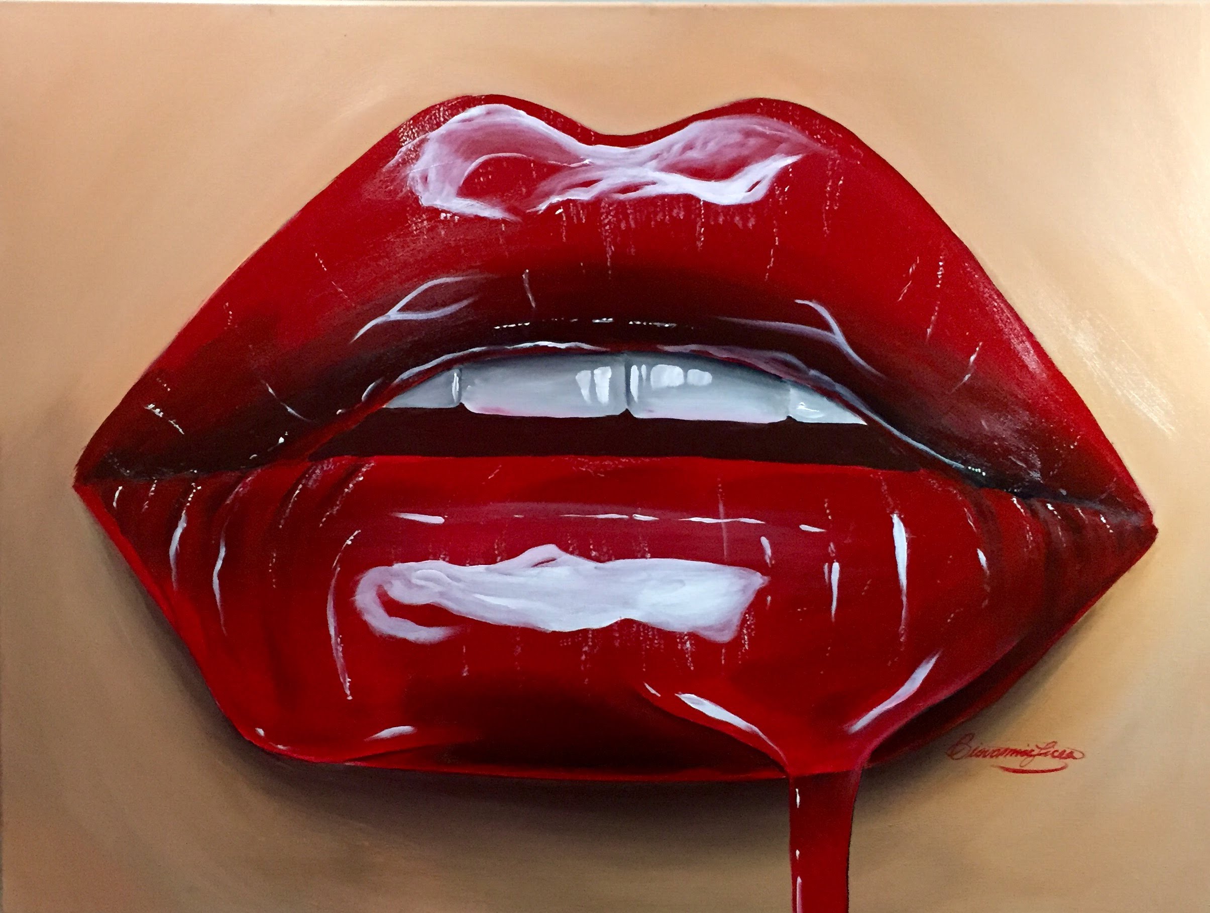 2409x1818 Painting Realistic Cherry Red Lips - Lip Painting On Canvas.