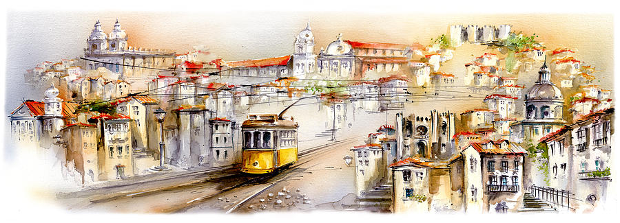 900x325 Old Lisbon Monuments Overview Painting By Elena Petrova Gancheva - Lisbon Painting
