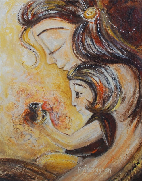 500x637 Bird, Brown Hair, Care, Connection, Curl, Daughter, Fairy, Family - Lit Painting