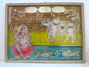 300x225 Vintage Hand Paintedeads Work Hindu God Shiva Litho Print - Litho Painting