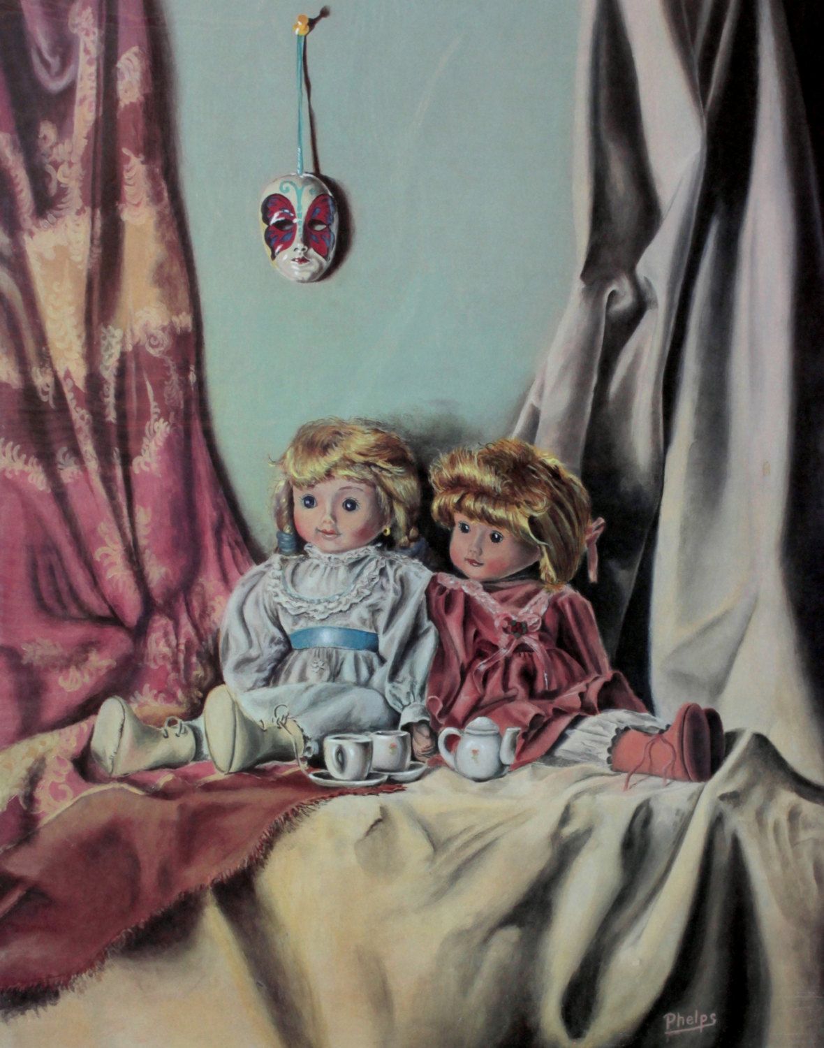 1180x1500 Antique Dolls, Doll Set, Miniture Tea Cups, Litho Print, Realism - Litho Painting