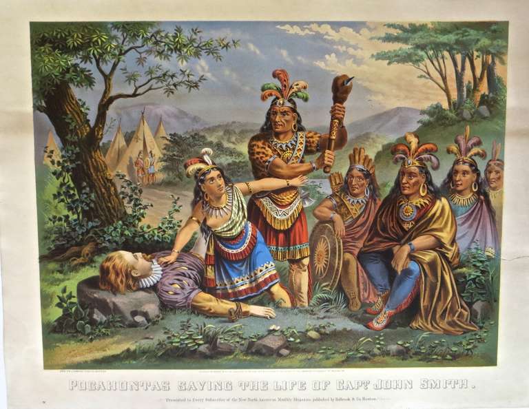 768x594 Pocahontas And John Smith, Chromo Lithograph, Dated 1870, Rare - Lithograph Painting