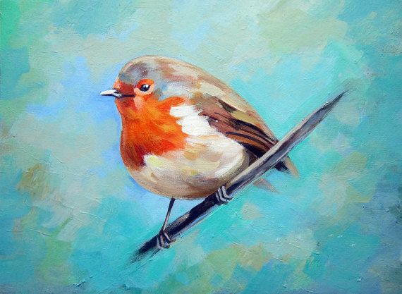 570x417 Original Acrylic Painting, Little Bird Painting, Robin Bird - Little Bird Painting