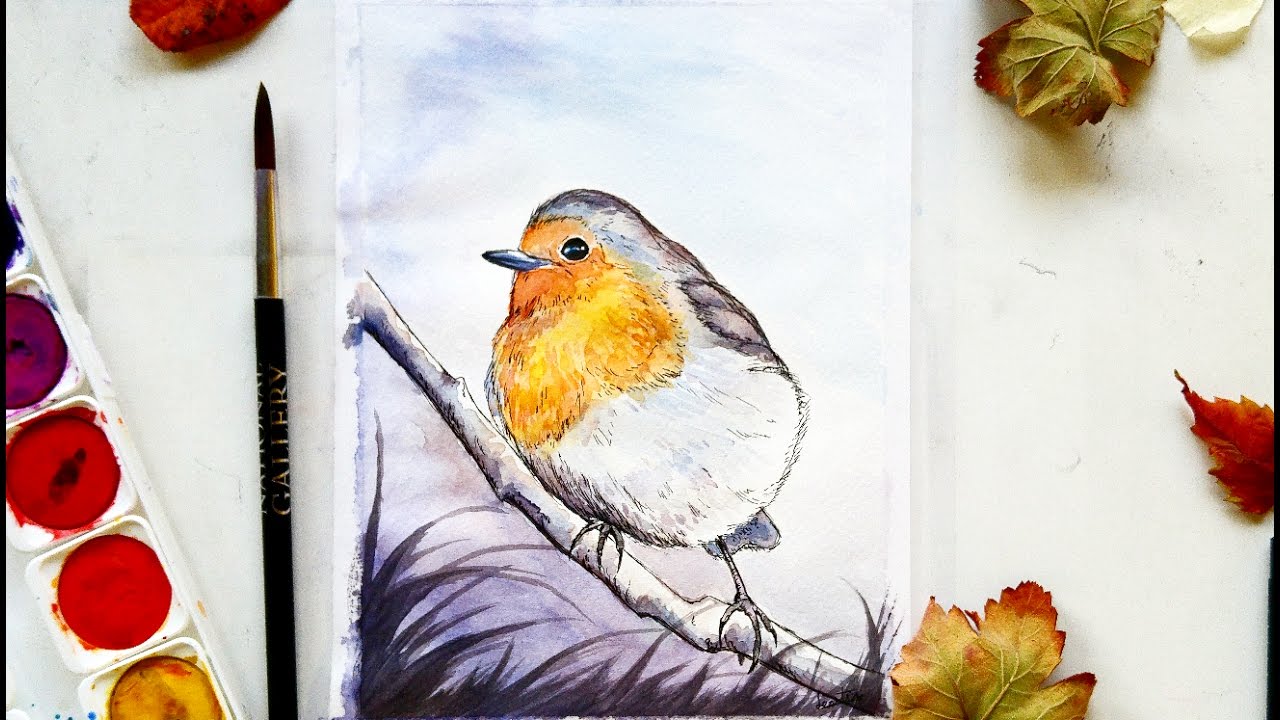 1280x720 Watercolour Painting Little Bird On A Twig Leontine Van Vliet - Little Bird Painting