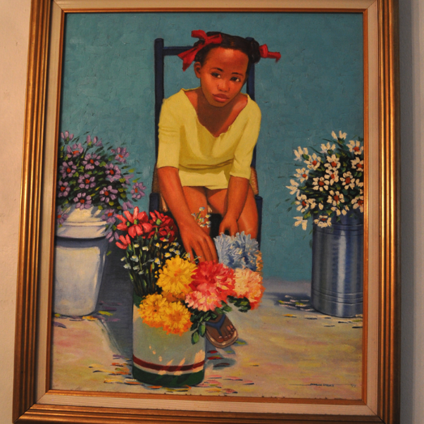 602x602 Vintage Colorful Painting Of Little Black Girl With Flowers By - Little Black Girl Painting