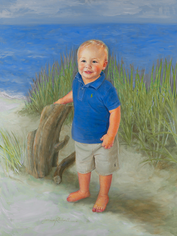 600x800 Commissioned Oil Portrait Of Little Boy In Blue On Beach Jessica - Little Boy Blue Painting
