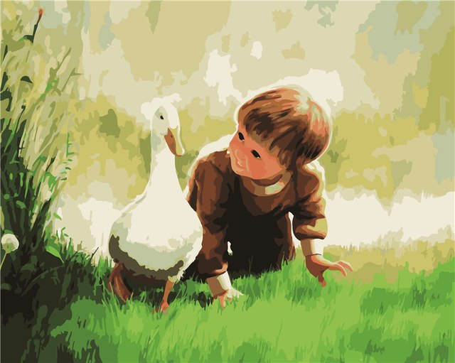 640x511 Hq Little Boy Goose Diy Oil Painting Picture By Numbers Adult - Little Boy Painting