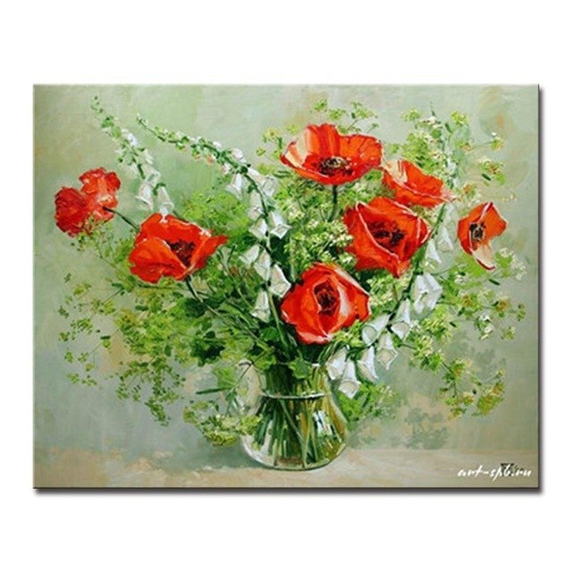 640x640 Oil Painting By Numbers Kits Coloring Diy Drawing Red Flower White - Little Flower Painting
