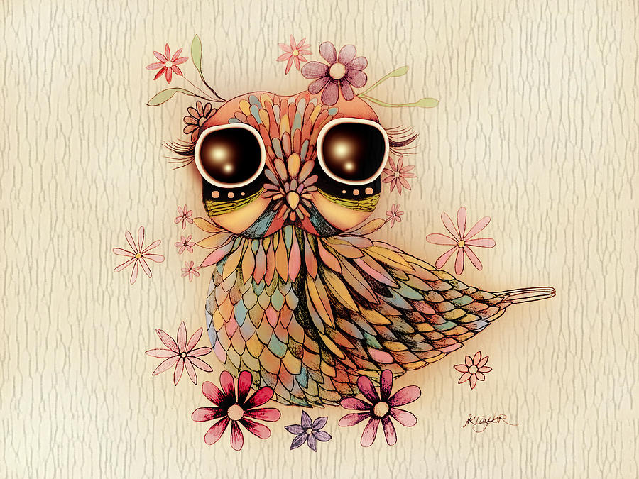 900x675 Little Flower Owl Painting By Karin Taylor - Little Flower Painting