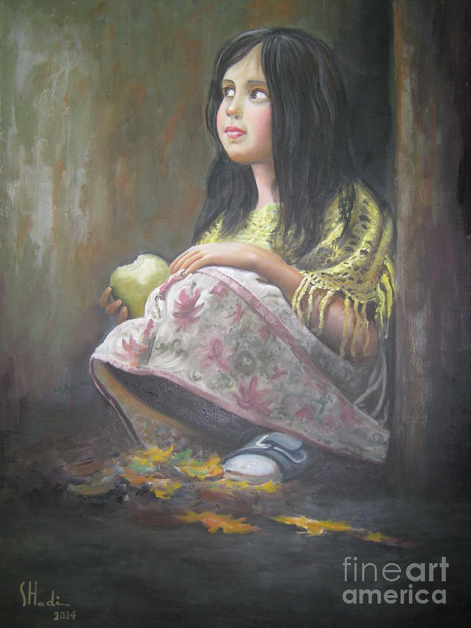 675x900 Little Girl With Green Apple Oil On Canvas Painting Realism - Little Girl Painting