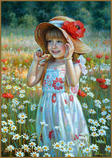 377x528 Painting A Little Girl In A Hat With A Poppy Flower - Little Girl Painting