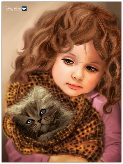 480x640 Beautiful Little Girl Cat Diamond Embroidery Stickers Resin - Little Girl Painting