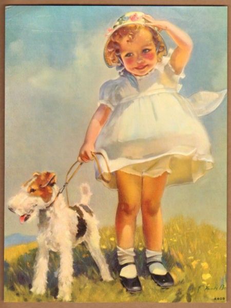 450x599 Vintage Print Little Girl And Her Dog - Little Girl With Dog Painting