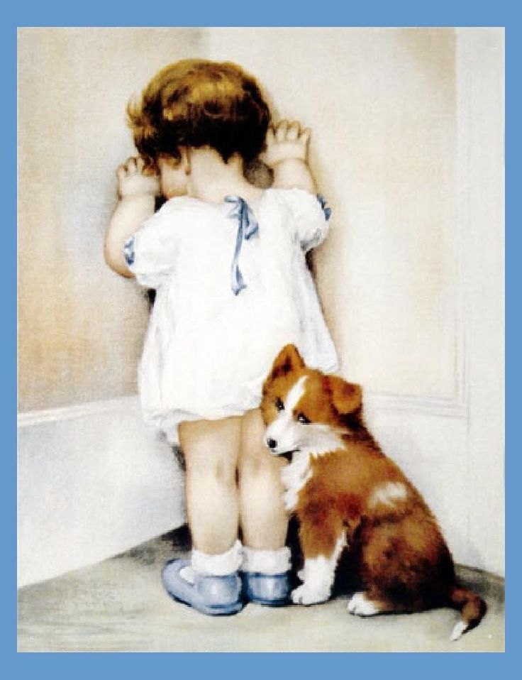 736x958 Painting Little Girl In Corner With Dog - Little Girl With Dog Painting