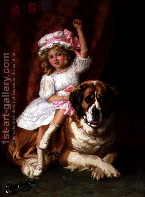 473x639 A Young Girl On The Back Of A St. Bernard Dog, 1909 Margaret - Little Girl With Dog Painting