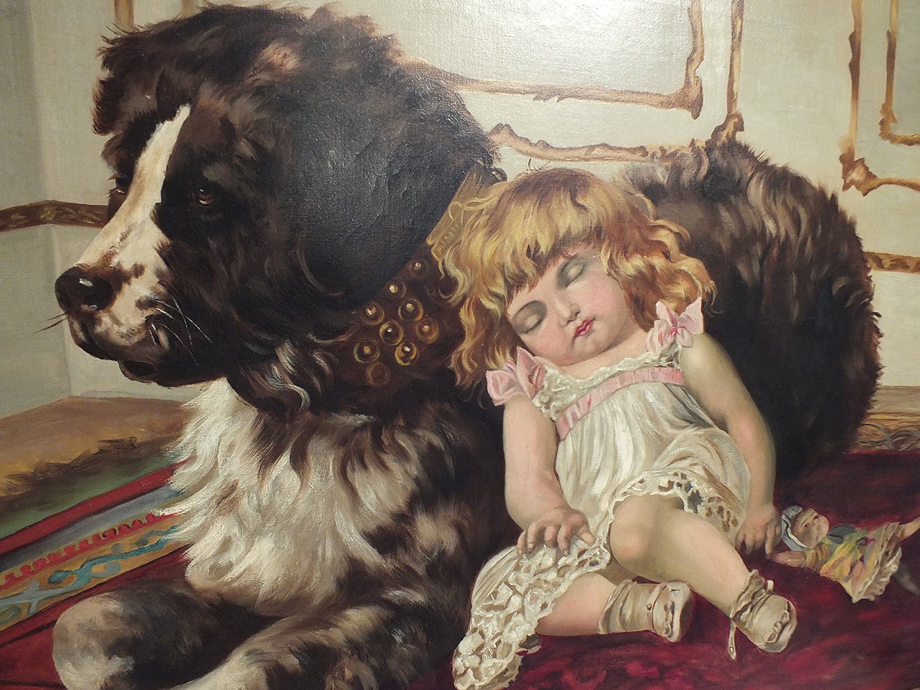 1333x1000 Early 1900s Oil Painting ( Little Girl Sleeping On Dog) - Little Girl With Dog Painting