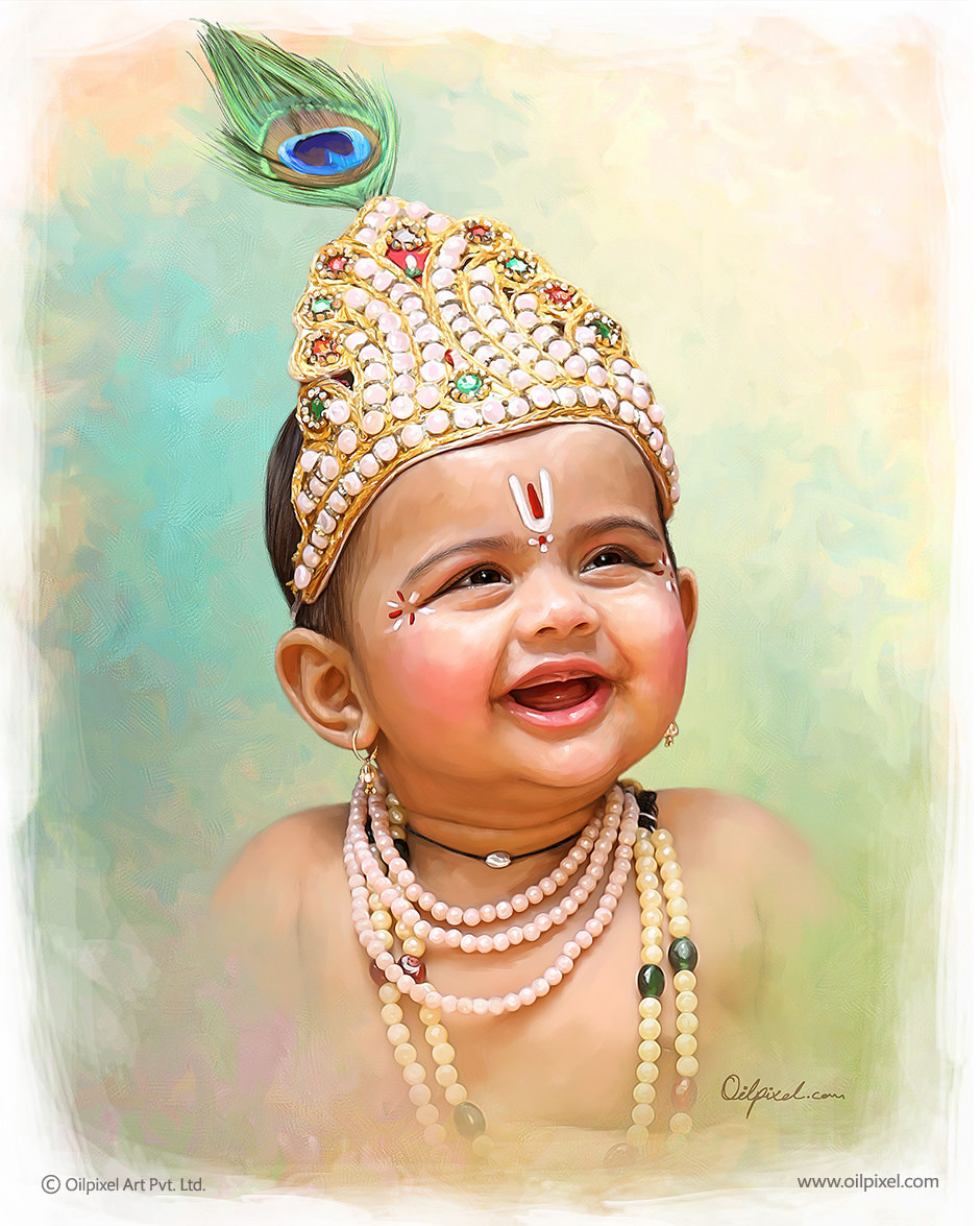 940x1175 Small Kid In Krishna Look Portrait Painting Oilpixel - Little Kid Painting