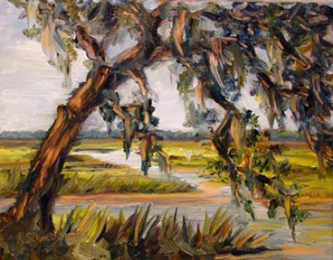 368x288 Paint Charleston Daily Mossy Marsh Oak A Plein Air Painting - Live Oak Painting