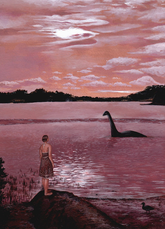 570x792 Meeting Nessie, Loch Ness Monster Art Print From Original Acrylic - Loch Ness Monster Painting