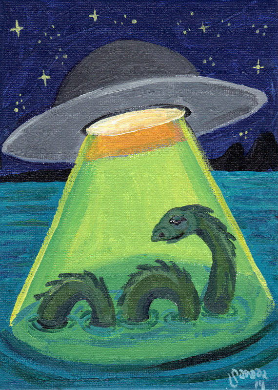 570x799 Ufo Abduction Loch Ness Monster Print 5 X 7 Weird Cryptid - Loch Ness Monster Painting