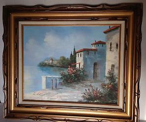 300x252 Vintage Oil Painting On Canvas City By The Sea Seascape 20 X 16 - Loft Painting