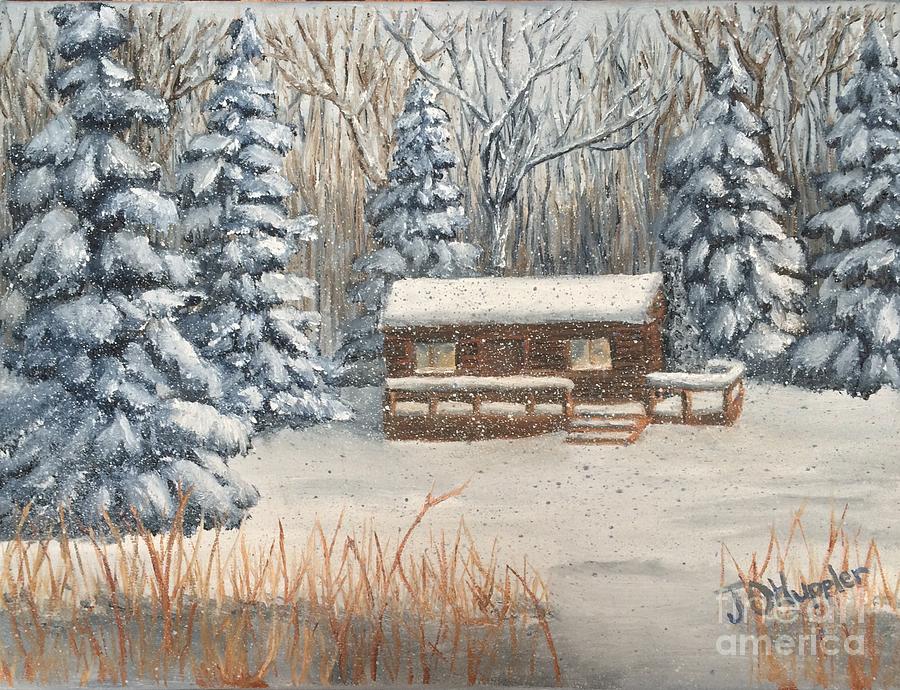 900x690 Log Cabin In A Winter Woods Painting By J O Huppler - Log Cabin In The Woods Painting