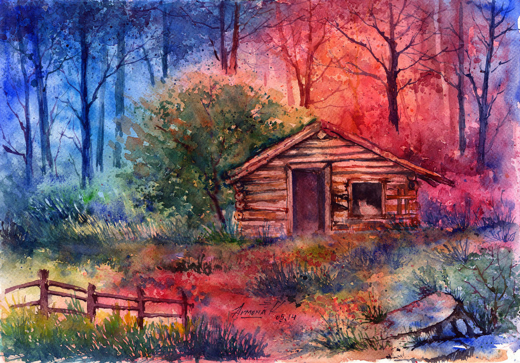 1069x748 Log Cabin In The Woods. By Annaarmona - Log Cabin In The Woods Painting